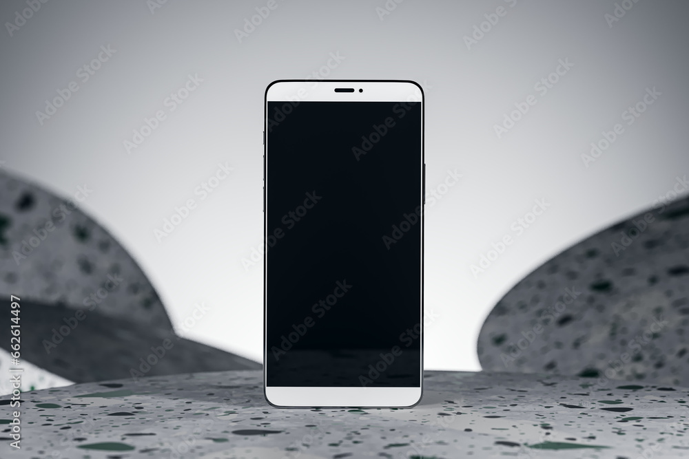 Poster Empty smartphone on abstract background with mock up place for your product advertisement. Presentation concept. 3D Rendering.