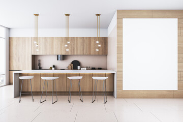 Modern wooden kitchen interior with blank white mock up banner on wall, furniture and panoramic window with city view and daylight. 3D Rendering.