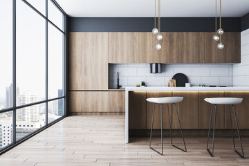 Modern wooden kitchen interior with furniture and panoramic window with city view and daylight. 3D Rendering.
