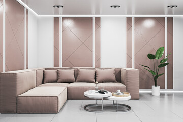 Modern tile living room interior with sofa, coffee table and decorative plants. 3D Rendering.