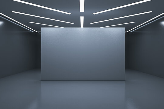 Simple exhibition hall interior with empty mock up place on gray wall. 3D Rendering.