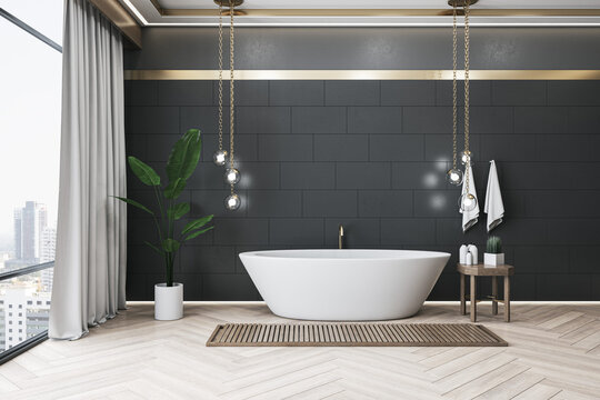 Modern dark designer bathroom interior with various decorative items, window with city view and curtains. 3D Rendering.