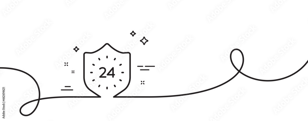 Poster 24 hours protection line icon. continuous one line with curl. shield sign. 24 hours single outline r
