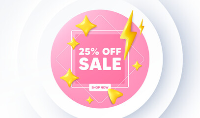 Sale 25 percent off discount. Neumorphic promotion banner. Promotion price offer sign. Retail badge symbol. Sale message. 3d stars with energy thunderbolt. Vector