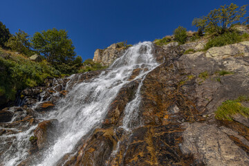 View of Pisciai waterfall in the municipality of Vinadio, province of Cuneo, Piedmont, Italy.