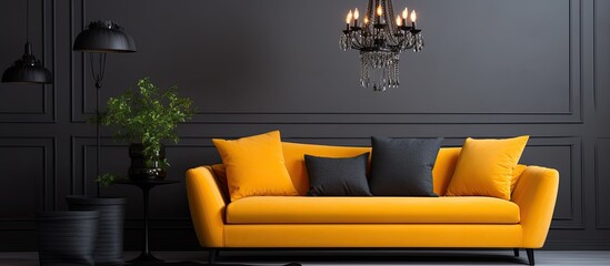 Bright living room with black chandelier and Scandinavian style sofa decorated with pillows and a dark yellow blanket With copyspace for text