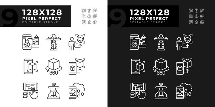 Pixel perfect light and dark icons set of VR, AR and MR, editable thin linear illustration.