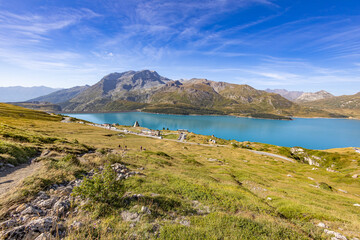 Panoramic view of the Mont-Cenis lake near the Mont-Cenis hill between the Italian Val di Susa and the French Maurienne valley, France