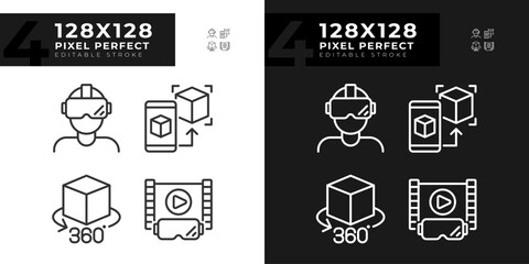 Simple pixel perfect icons collection representing VR, AR and MR, editable light and dark thin line illustration.