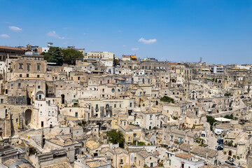 Fototapeta na wymiar Wide panoramic view of the stones of Matera, 