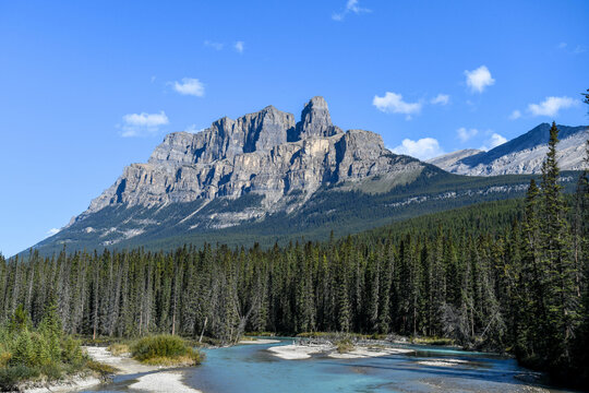 Rural landscape with Castle Mountain and Bow lake, Canadian Rockies, Alberta, Canada