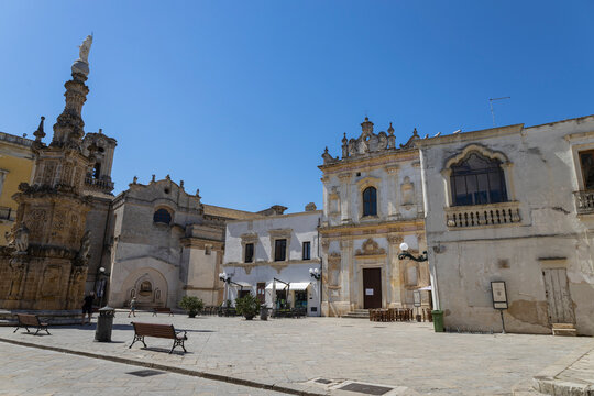 NARDO', ITALY, JULY 17, 2022 - View of the church of Saint Tryphon (San Trifone) and the Spire of the Immaculate  in the center town of Nard&ograve;, province of Lecce, Puglia, Italy