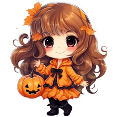 Cute Chibi girl dancing with fall pumpkin, autumn girl illustration isolated with a transparent background, Halloween theme baby invitation design