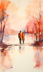 Obraz na płótnie Canvas Watercolor painting of a couple in the autumn park.