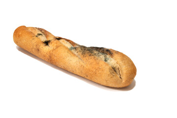 A moldy baguette, isolated on white background. Food waste concept.