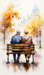 Watercolor painting of a couple in the autumn park. - obrazy, fototapety, plakaty