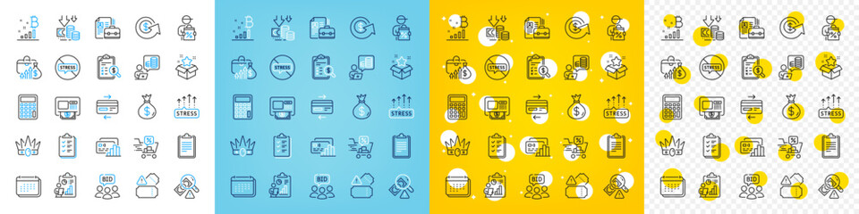Vector icons set of Bitcoin graph, Report and Money bag line icons pack for web with Dollar exchange, Stress grows, Vacancy outline icon. Loyalty program, Credit card, Discounts cart pictogram. Vector