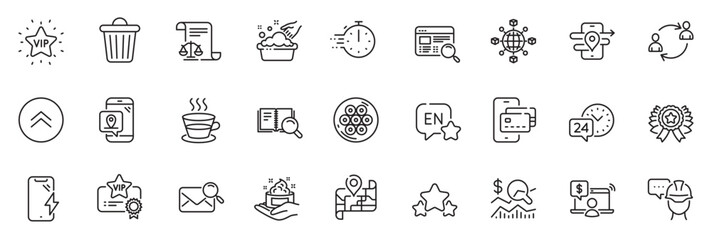 Icons pack as Vip certificate, Legal documents and Logistics network line icons for app include Swipe up, Winner ribbon, Coffee cup outline thin icon web set. Online shopping. Vector - obrazy, fototapety, plakaty