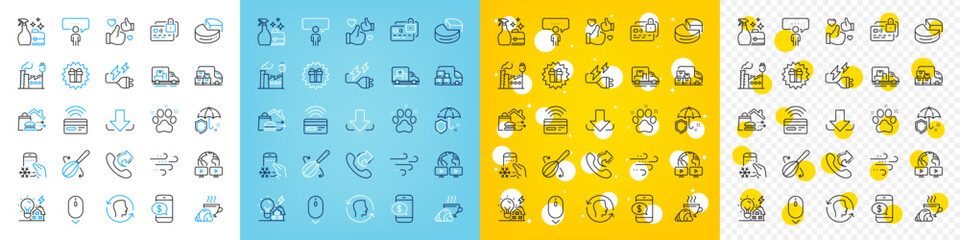 Vector icons set of Factory, Delivery truck and Like line icons pack for web with Download, Phone payment, Video conference outline icon. Cooking whisk, Refrigerator app. Vector