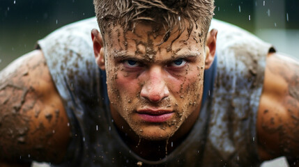Determined Athlete: A Mud-Covered Man Pushing Through in Challenging Conditions