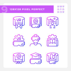 2D pixel perfect icons collection representing VR, AR and MR, gradient thin line illustration.