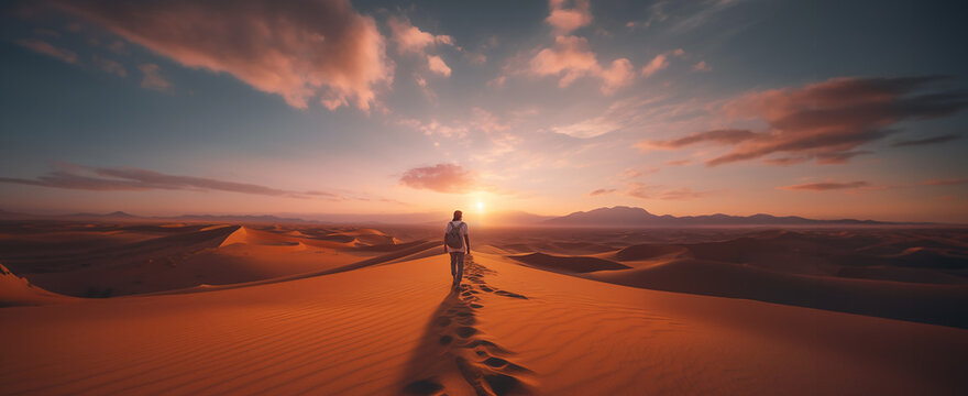 Panoramic image of a traveller man walking in the desert among the sand dunes at sunset. Gorgeous fantasy scene generated by AI tools. - Powered by Adobe