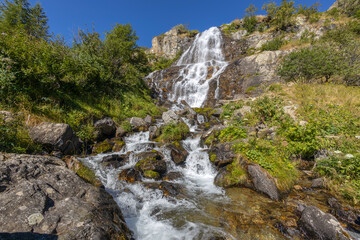 View of Pisciai waterfall in the municipality of Vinadio, province of Cuneo, Piedmont, Italy.