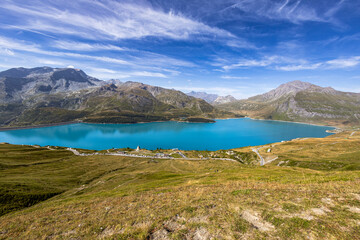 View of the Mont-Cenis lake near the Mont-Cenis hill between the Italian Val di Susa and the French...