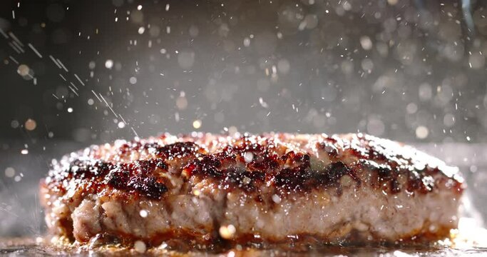 Beef cutlet for halal burger fried in frying pan. Cinematic advertising burger cooking. Well-fried cutlet in frying pan, fragrant steam, splashes of hot bubbling fat. Close-up of delectable cutlets