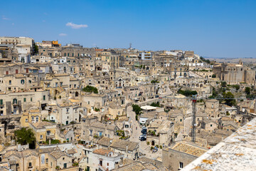 Wide panoramic view of the stones of Matera, "I Sassi" in Matera, Italy