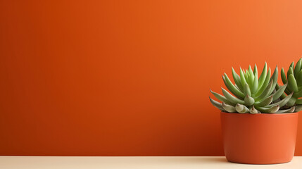 minimalistic orange background with succulents, with empty copy space