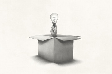 Illustration of hand holding light bulb coming out from a paper box, surreal concept - 662617812