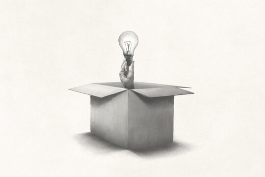 Illustration of hand holding light bulb coming out from a paper box, surreal concept