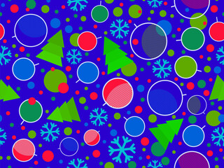 Christmas seamless pattern with fir trees, snowflakes and Christmas balls. 80s Memphis geometric Xmas tree decorations. Holiday design for print, wrapping paper and banners. Vector illustration