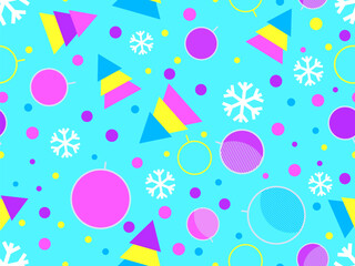 Christmas seamless pattern with fir trees, snowflakes and Christmas balls. 80s Memphis geometric Xmas tree decorations. Holiday design for print, wrapping paper and banners. Vector illustration