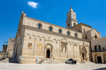 Fototapeta na wymiar MATERA, ITALY, JULY 18, 2022 - The Cathedral of Matera in the historic center of the town, Italy