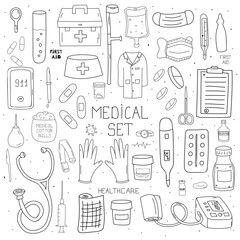 Hand drawn Healthcare and medicine vector doodles illustration. Isolated vector objects on white background.