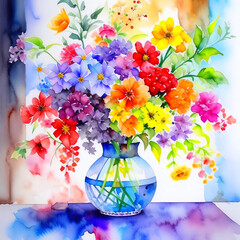 Watercolor illustration. Still life, a bouquet of flowers on the table. The sun is shining, an unforgettable light. Bright colors, good mood.