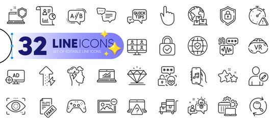 Outline set of Online question, Attention and Diamond line icons for web with Remove image, Eye detect, Seo adblock thin icon. Software, Shield, Report pictogram icon. Inventory cart. Vector
