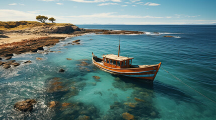 Fototapeta premium Aerial view of a wooden fishing boat in the sea, Greece