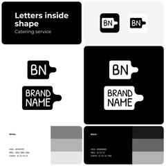 Catering service monochrome logo with brand name. Cutting board icon. Creative design element and visual identity. Template with patrick hand font. Suitable for catering company, food service, event.