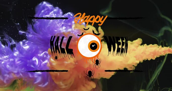 Animation of happy halloween text and spiders over orange and purple background