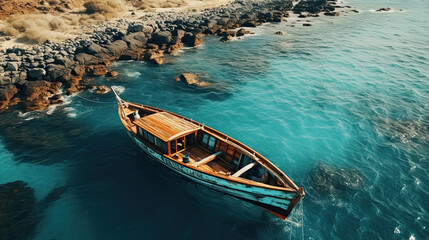 Aerial view of a wooden fishing boat in the sea, Greece