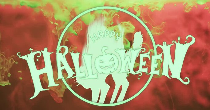 Animation of happy halloween text and cat over orange background