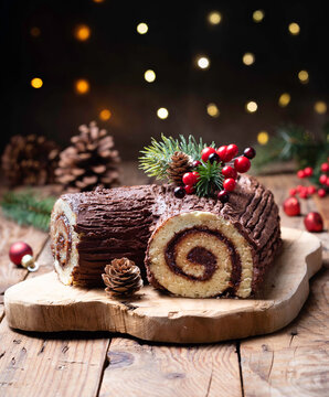 Close-up of a Christmas chocolate yule log (Buche de Noel) on a wooden chopping board