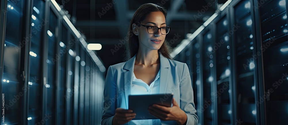 Wall mural Female e business entrepreneur enjoys using tablet while IT engineer and system administrator work in cloud server farm With copyspace for text