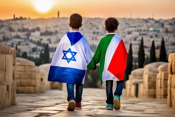 Fotobehang back view of two children from palestine and israel holding hands for future peace stop the war draped in an Israeli flag other in a Palestinian flag, walking down a stone path © GenAI