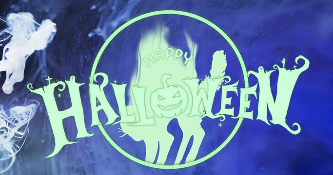 Animation of happy halloween text and cat over blue background