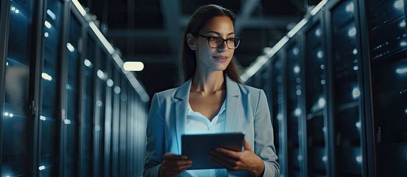 Female e business entrepreneur enjoys using tablet while IT engineer and system administrator work in cloud server farm With copyspace for text