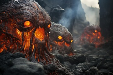 Ferocious lava golems, born from volcanic eruptions, with molten rock bodies - Generative AI